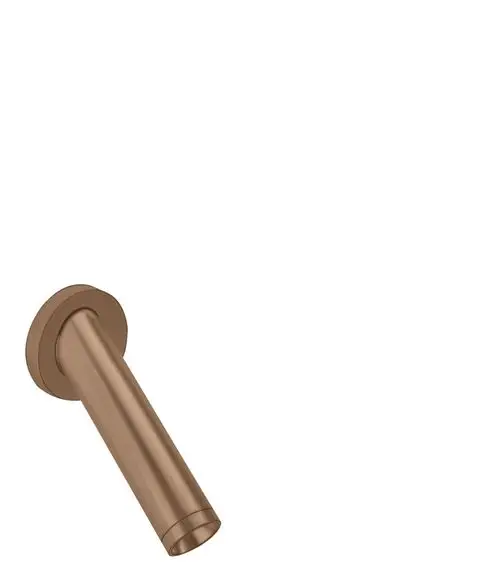 Wandmontierter Auslauf aus Metall in gebürstetem Goldton, Teil der AXOR Serie, mit runder Wandplatte. Erfasst nur das Armaturendesign, keine weiteren Details sichtbar.